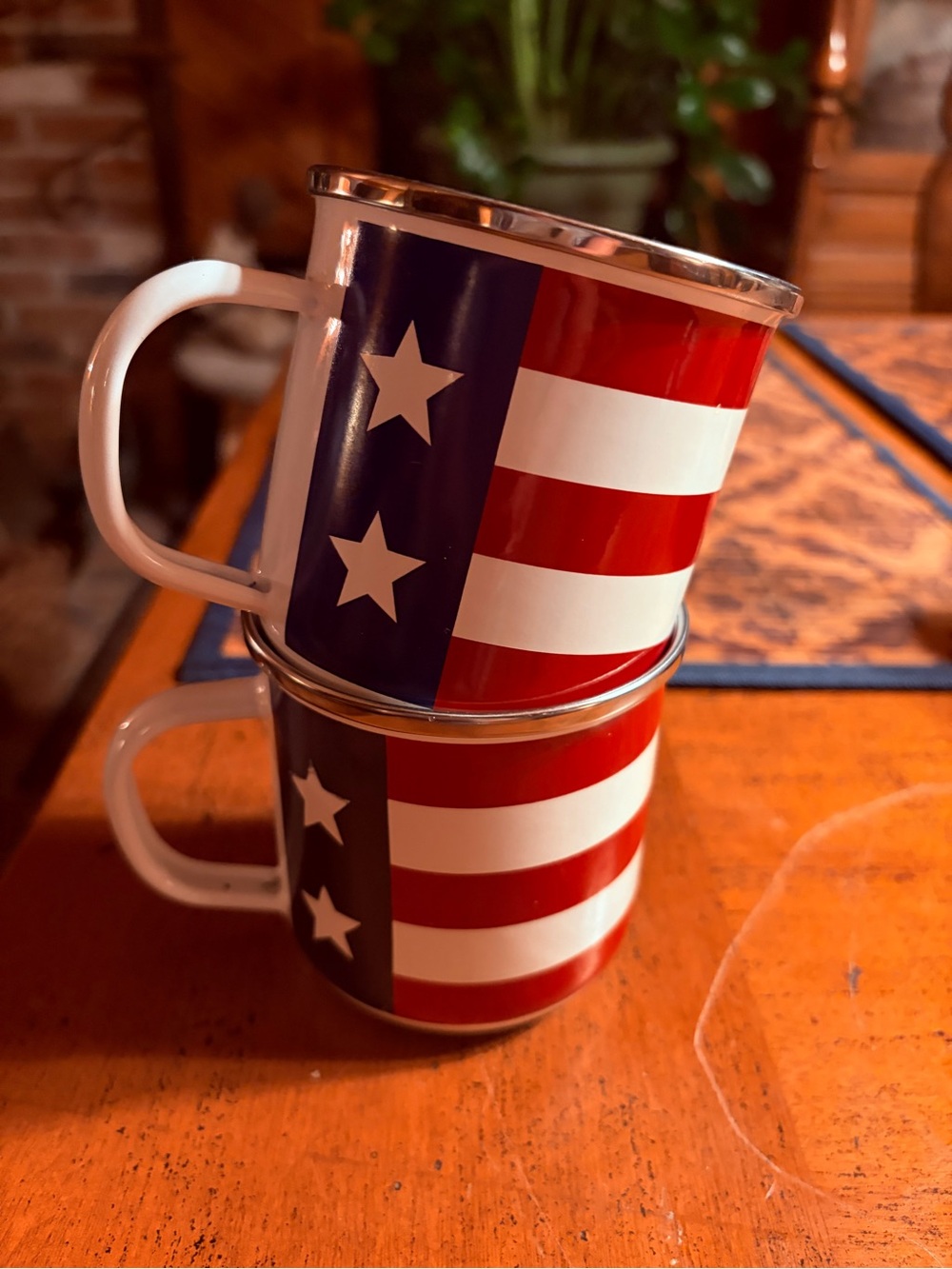 Pair of Patriotic Enamel Mugs American Flag 🇺🇸 Red, White & Blue